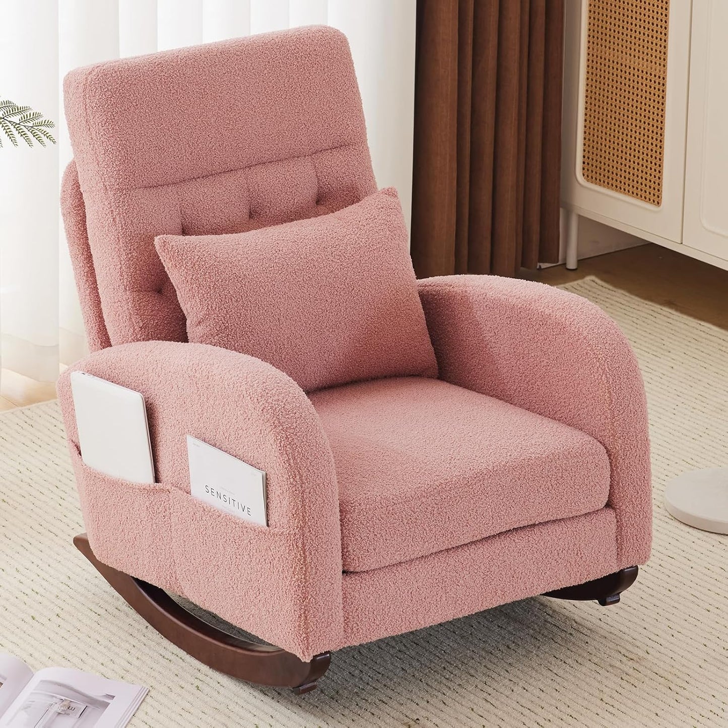 VINGLI Teddy Fleece Low Seat Rocking Chair,Boucle Upholstered Nursery Glider Chair with Side Pockets,Accent Arm Chair with High Backrest,Comfy Head Rest,Solid Wood,For Living Room Bedroom Balcony,Pink