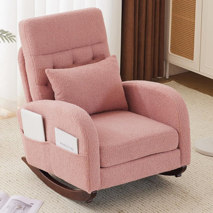 VINGLI Teddy Fleece Low Seat Rocking Chair,Boucle Upholstered Nursery Glider Chair with Side Pockets,Accent Arm Chair with High Backrest,Comfy Head Rest,Solid Wood,For Living Room Bedroom Balcony,Pink