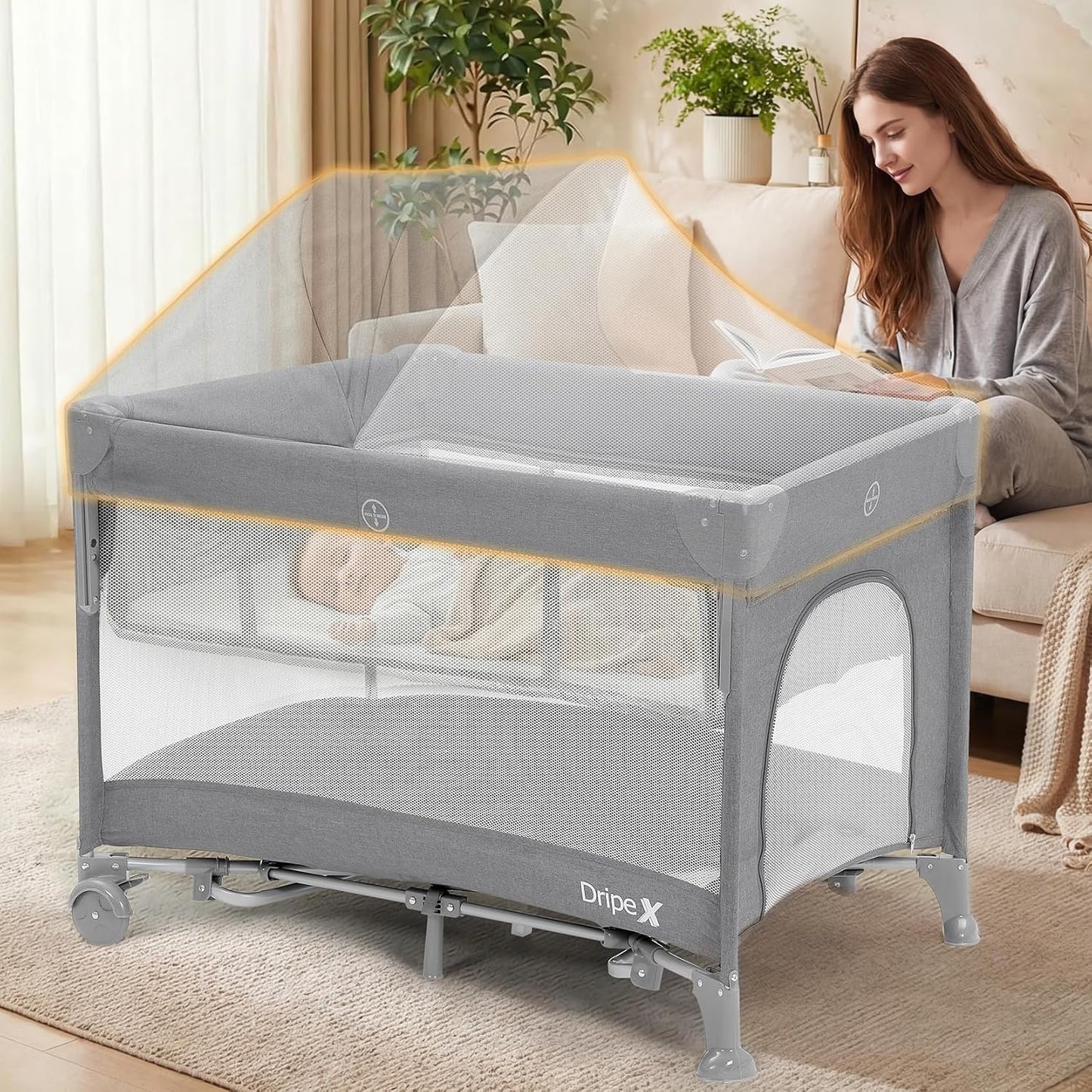 Dripex 5 in 1 Pack n Play Bedside Sleeper, 2-Level Height Baby Crib, Storage Pocket & Breathable Mesh - Foldable Portable Baby Bedside Bassinet for 0 to 12 Months (Travel/Home), Dark Grey
