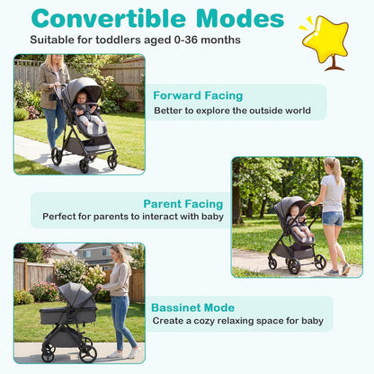 BABY JOY 2 in 1 Baby Stroller, High Landscape Convertible Bassinet Stroller with Reversible Seat, Net, Adjustable Canopy, Cup Holder, Foldable Pushchair Pram Stroller for Newborn Toddlers (Gray)