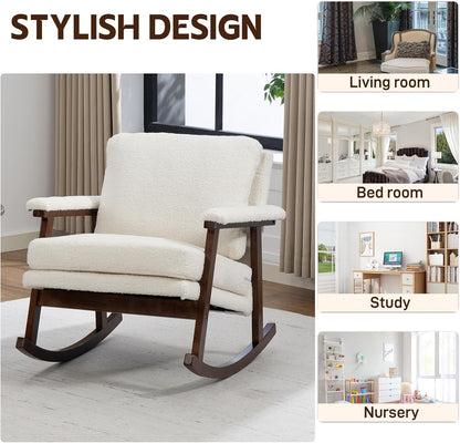 Rocking Accent Chair, Nursery Upholstered Glider Cozy Small Rocker Rocking Chair for Adult, Comfy Side Modern Arm Chair for Living Room/Bedroom/Offices/Balcony-White