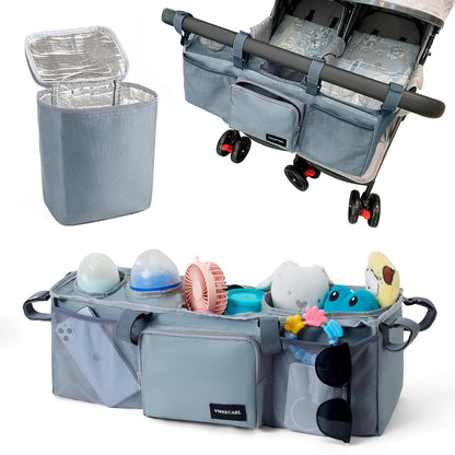 Double Stroller Organizer Universal with 2 Insulated Cup Holders & Cooler Bag, Large Storage Parent Console for Bob Duallie, Baby Jogger City Mini GT2