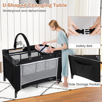 BABY JOY 3 in 1 Pack and Play, Travel Baby Crib Bassinet Bed with Bassinet, Changing Table with Safety Belt, Toy Bar, Lockable Wheels, Portable Baby Playard from Newborn to Toddler