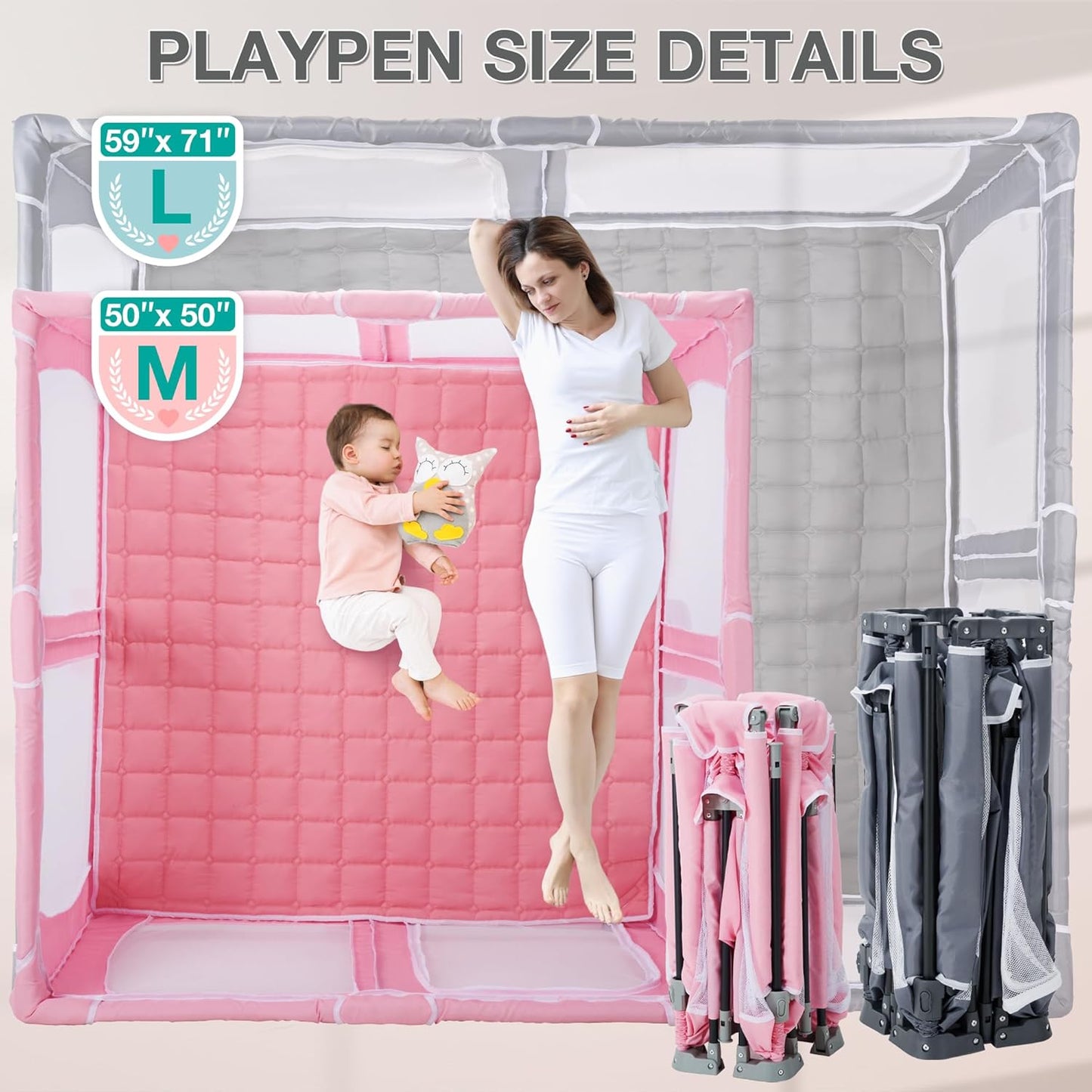 Foldable Baby Playpen,PlayPens for Babies and Toddlers，Indoor Outdoor Safety Play Area, Portable Child Activity Large Collapsible Play Yard，Folding Fence (Cationic Fabric-Grey, 50"x50")