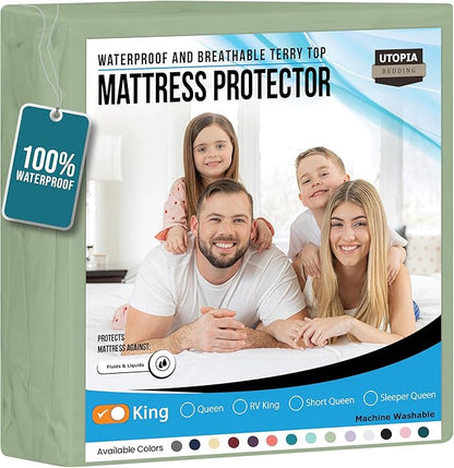 Utopia Bedding Waterproof Mattress Protector King Size, Premium 200 GSM Terry Mattress Cover, Soft & Breathable Bed Cover, Fitted Sheet Style with Stretchable Deep Pockets 17" (Sage)