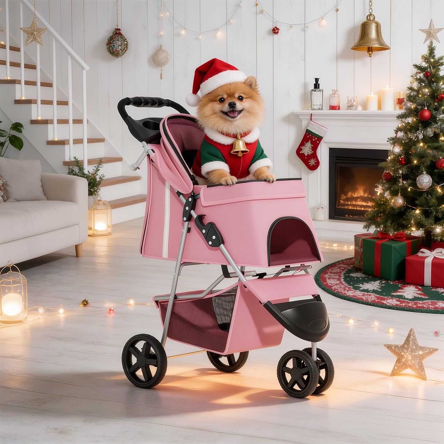 MoNiBloom Foldable Pet Stroller with Weather Cover, 3 Wheels Pet Strolling Cart for Small/Medium Dogs and Cats with Storage Basket and Cup Holder, Breathable and Visible Mesh for All-Season, Black