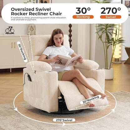 Rocking Chair Nursery with Adjustable Armrests, Electric Glider Recliner Nursing Chair for Breastfeeding, Power Swivel Recliner Chairs with Massage and Heat, Adjustable Headrest , FSC Certified, White