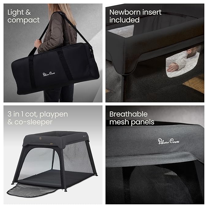 Silver Cross Sleep & Go 3 in 1 Travel Crib - Converts Newborn Bassinet, Crib to Playard - Portable, Lightweight, Easy to Pack with Comfortable Mattress for Infants to Toddlers - Carbon (Sustainable)