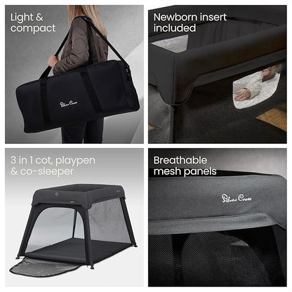 Silver Cross Sleep & Go 3 in 1 Travel Crib - Converts Newborn Bassinet, Crib to Playard - Portable, Lightweight, Easy to Pack with Comfortable Mattress for Infants to Toddlers - Carbon (Sustainable)