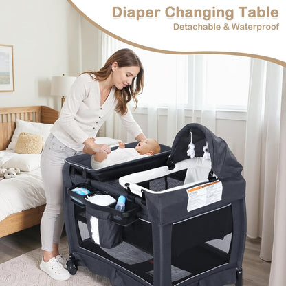 TODEFULL 4 in 1 Multifunctional Pack and Play, Foldable Baby Playards with Changing Table & Breathable Mesh, Baby Playpen for Babies and Toddlers, Black
