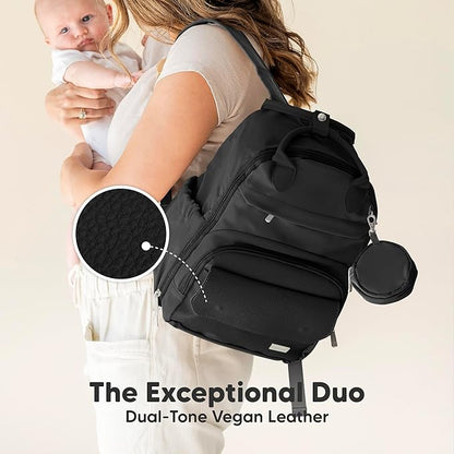 KeaBabies Diaper Bag Backpack - Small Multifunctional Travel Diaper Back Packs, Maternity Baby Changing Bags, 12L Capacity, PU Leather, Waterproof, Unisex, Nappy Changing Pad (Trendy Black, Small)