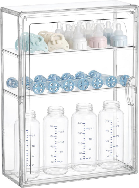 HBlife Baby Bottle Storage Organizer for Countertop Cabinet, 3 Tiers Adjustable Clear Acrylic Bottles Storage Station Case Box Container with 2 Removable Dividers and Magnetic Door, Large