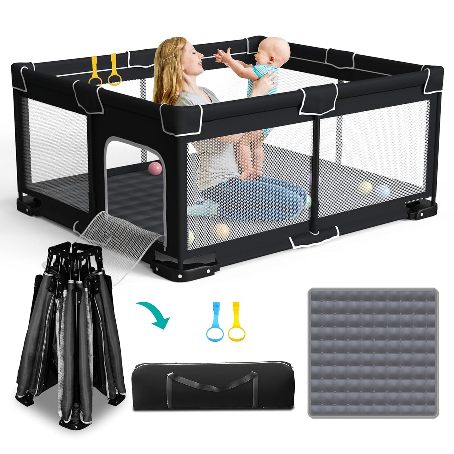 ICAREWAY Foldable Playpen for Babies and Toddlers, 50x50 Inches Portable Playpen, Kids Collapsible Play Pen with 2 Handlers, Indoor & Outdoor Baby Fence Play Area with Visible Mesh, Dark Gray