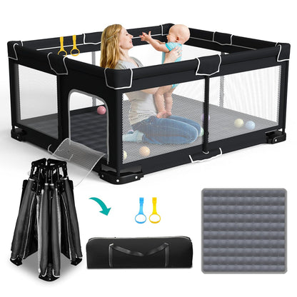 ICAREWAY Foldable Playpen for Babies and Toddlers, 50x50 Inches Portable Playpen, Kids Collapsible Play Pen with 2 Handlers, Indoor & Outdoor Baby Fence Play Area with Visible Mesh, Dark Gray
