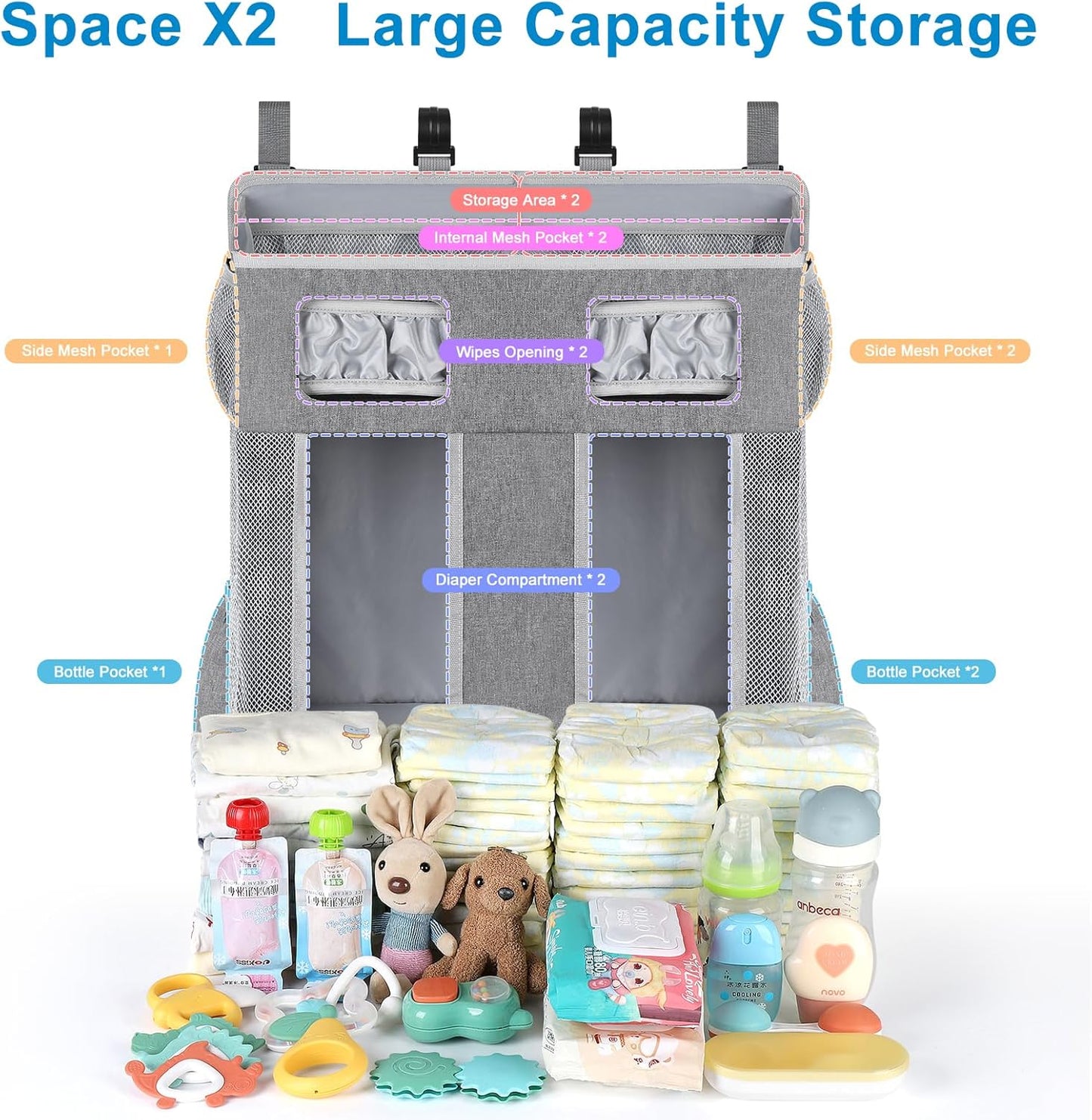 Accmor Hanging Baby Diaper Caddy Organizer, Diaper Stacker, Baby Crib Hanging Classified Storage Bag Organizer for Changing Table, Crib, Playard or Wall & Nursery Organization, Grey