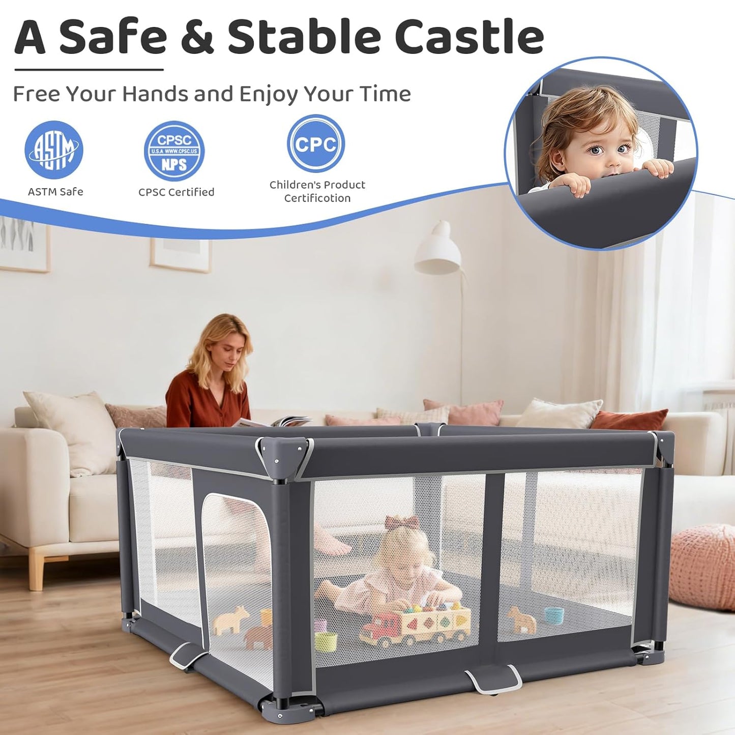 Grobeybees Playpen for Babies and Toddlers, Large Baby Playpen, Playard with Bag, Indoor & Outdoor Play Pen, Sturdy Safety Baby Play Yard with Soft Breathable Mesh (Grey)