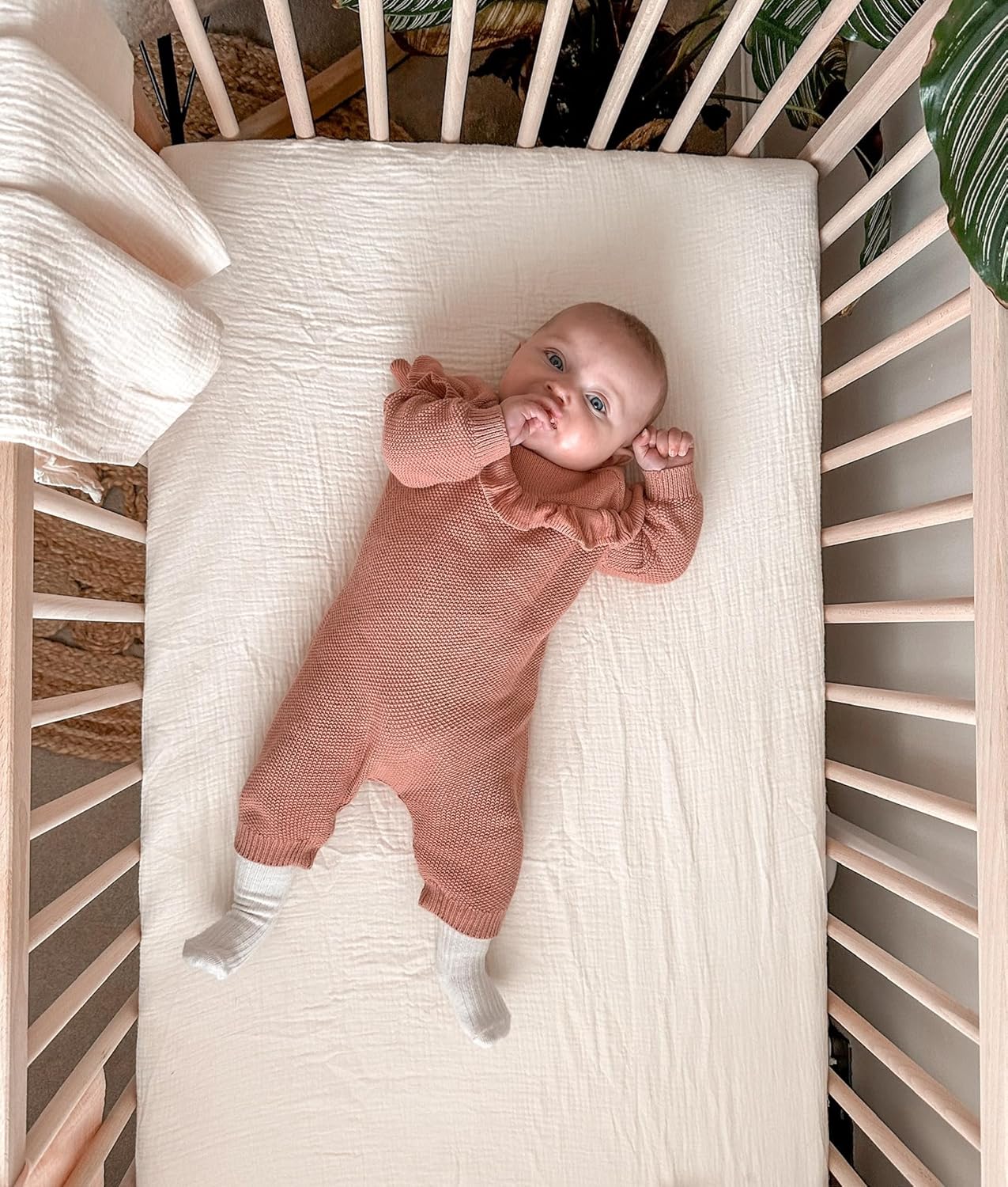 Muslin Bedside Bassinet Sheets 2 Pack, 33x20 Fitted Ultra Soft & Breathable Bedside Sleeper Sheets, Ideal for Baby Girl and Boy, Perfect for Newborns (Hopping Bunnies & Beige)