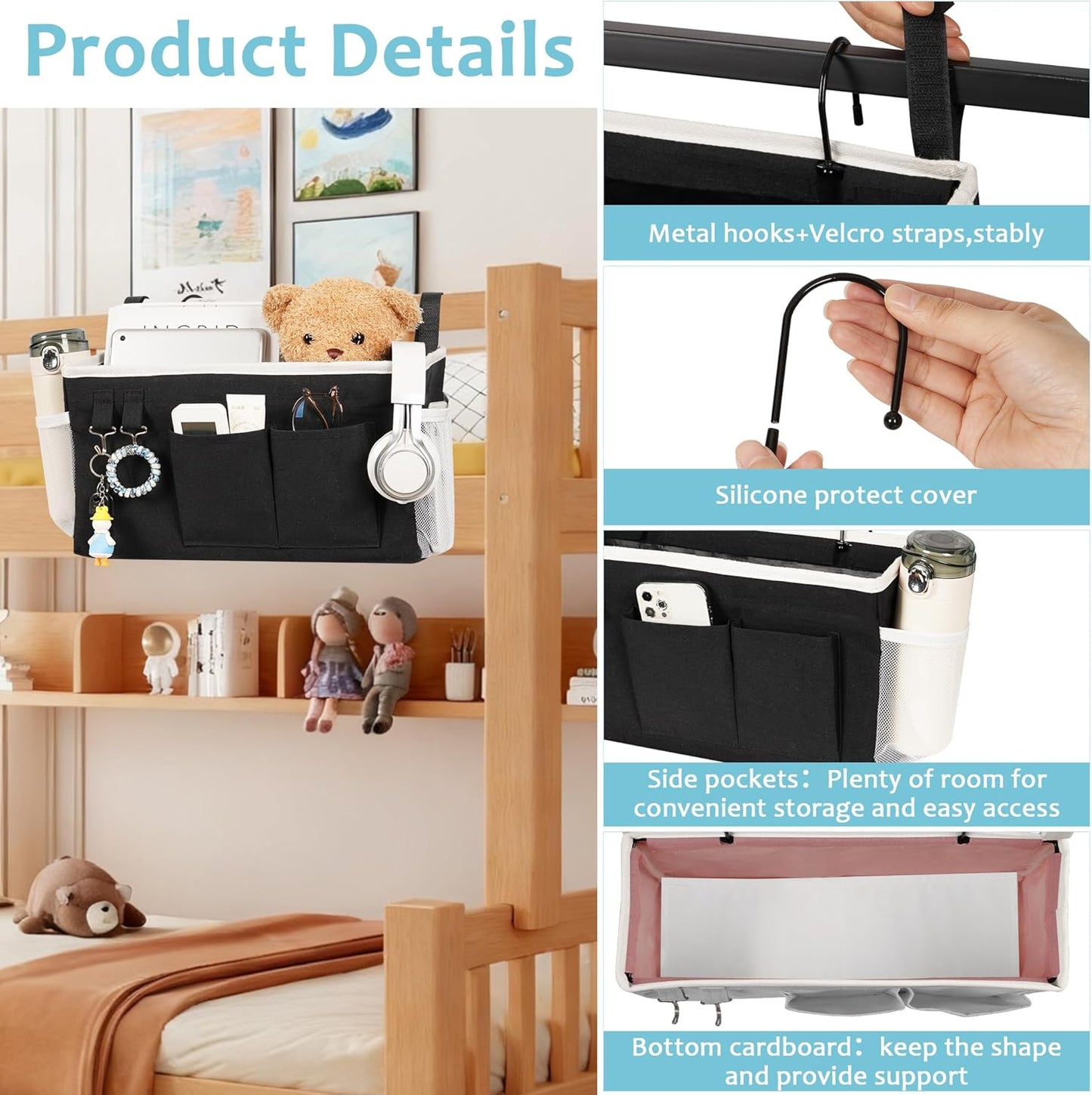 Loghot Bedside Caddy/Bedside Storage Bag Hanging Organizer for Bunk and Hospital Beds,Dorm Rooms Bed Rails,Can be Placed Glasses,Books,Mobile Phones,Keys (White)