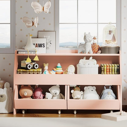 Fulhope Toy Storage Organizer for Kids, Toy Storage Cabinet with Drawers, Boys and Girls Toy Shelf with Wheels, Toy Organizer Kids Bookshelf with Storage for Nursery, Playroom, Bedroom (Light Pink)