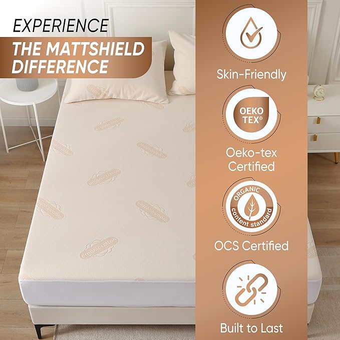 Waterproof Organic Mattress Protector Cal King Size – Soft OCS Certified Organic Cotton Surface Mattress Cover – Noiseless & Breathable 250 GSM Mattress Pad – Deep Pocket Fitted Design