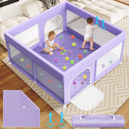 Baby Playpen with Mat - 79"x71" Extra Large Play Pens for Babies and Toddlers Indoor Safety Baby Fence with Soft Breathable Mesh - All-Wrapped Sponge Sturdy Play Yard with Handle & Bag Purple