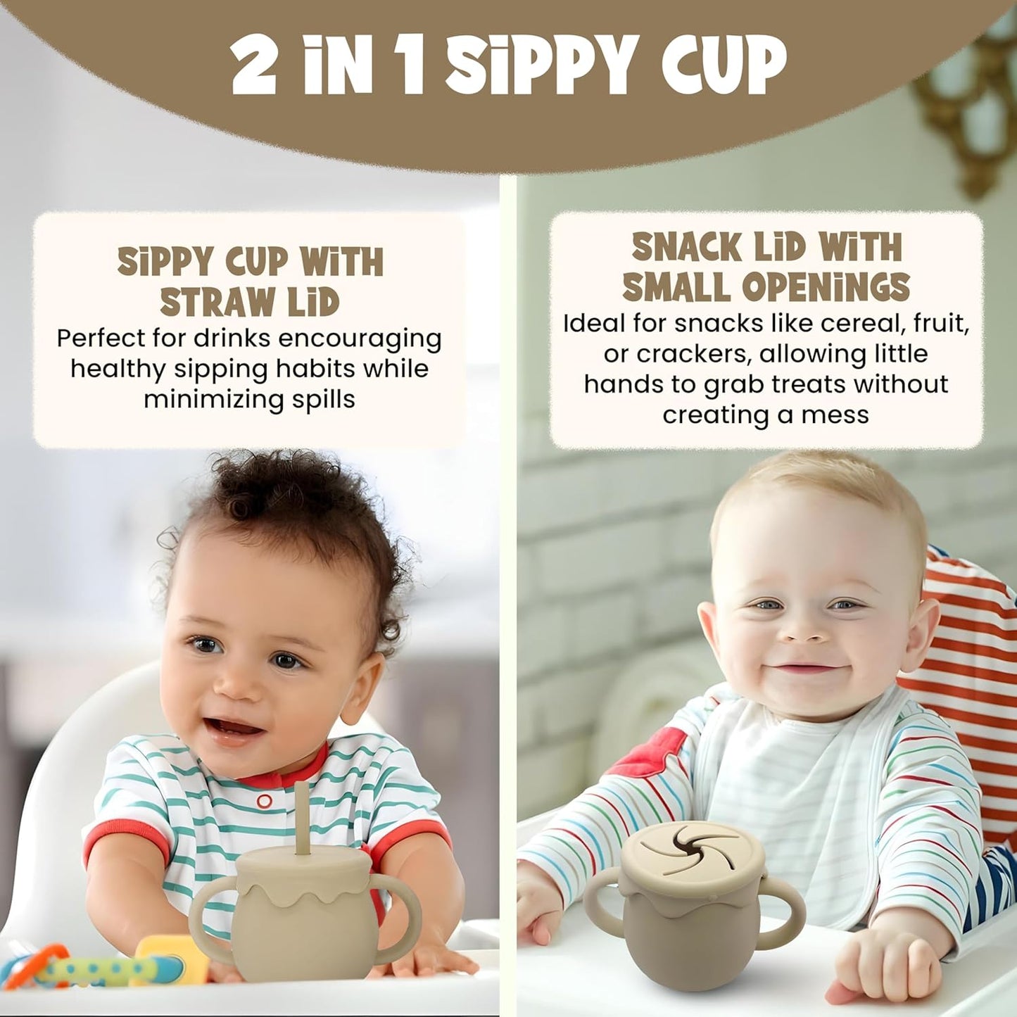 Baby Feeding Essentials, Baby Led Weaning Supplies, Silicone Baby Feeding Set, with Baby Spoon, Fork, Baby Bib, Sippy Cup, Suction Plate, Suction Bowl, Baby Eating Essentials, 6+ Months (Beige)
