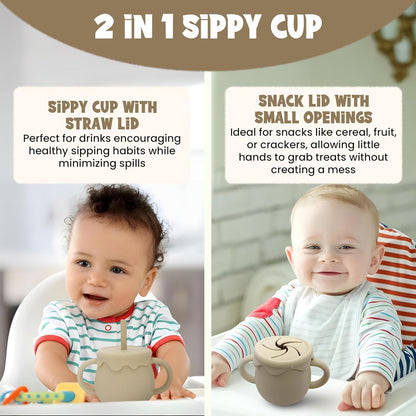Baby Feeding Essentials, Baby Led Weaning Supplies, Silicone Baby Feeding Set, with Baby Spoon, Fork, Baby Bib, Sippy Cup, Suction Plate, Suction Bowl, Baby Eating Essentials, 6+ Months (Beige)