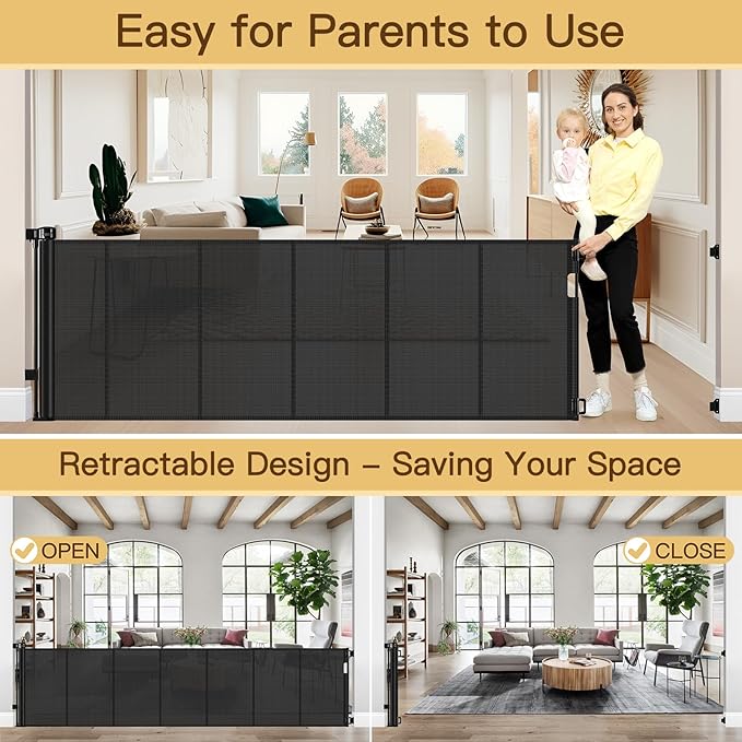 Reinforced Bottom 100 Inch Retractable Baby Gates Extra Wide Baby Gate for Large Openings, 8 ft Super Long Child Gates for Large Openings, Mesh Retractable Dog Gate for Doorways Extra Wide, Black
