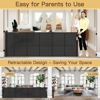 Reinforced 159 Inch Extra Wide Baby Gate for Large Opening with Support Rod, Indoor/Outdoor Retractable Baby Gates Extra Wide, Prevent Babies and Dogs from Crawling Through Retractable Dog Gate, Black