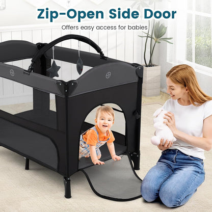 BABY JOY 5-in-1 Pack and Play with Canopy, 4 Level Heights Baby Bedside Sleeper w/Bassinet, U-Shaped Changing Table, Safety Strap, Side Zipper, Portable Bedside Crib Playard from Newborn to Toddlers