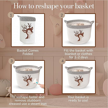Deer Storage Basket for Nursery – Large 15”x11” Cotton Rope Bin with Soft Felt Animal Patch – Toy Organizer, Baby Laundry Hamper, Diaper & Towel Holder – Foldable, Washable & Baby-Safe