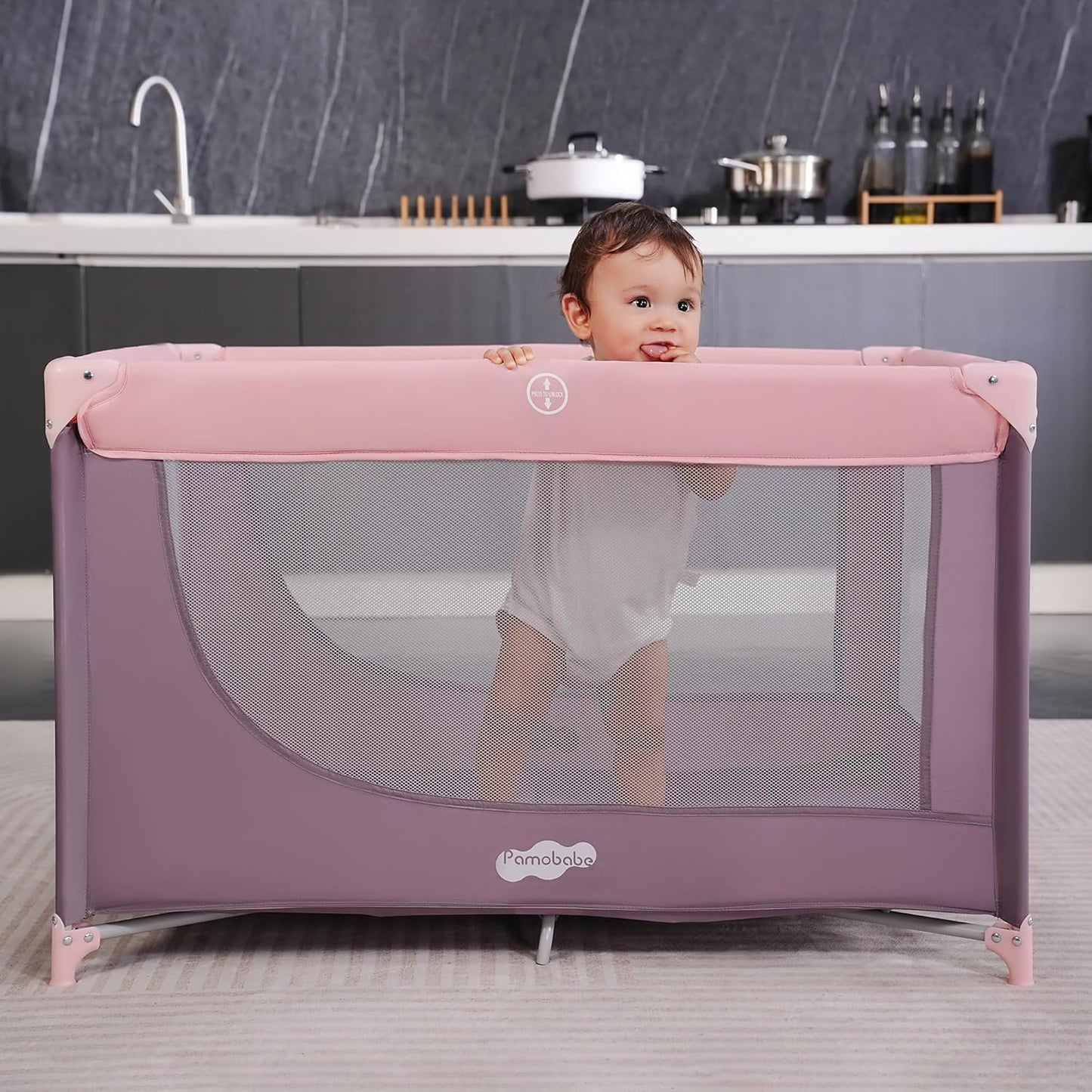 Pamo Babe Compact Pack and Play - Portable Crib for Baby, Lightweight Foldable Travel Playard with Mattress Pad & Carry Bag, Safe Breathable Travel Bed for Home, Trips & Family Visits, Black