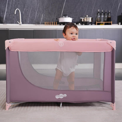 Pamo Babe Compact Pack and Play - Portable Crib for Baby, Lightweight Foldable Travel Playard with Mattress Pad & Carry Bag, Safe Breathable Travel Bed for Home, Trips & Family Visits, Black