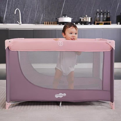 Pamo Babe Compact Pack and Play - Portable Crib for Baby, Lightweight Foldable Travel Playard with Mattress Pad & Carry Bag, Safe Breathable Travel Bed for Home, Trips & Family Visits, Pink