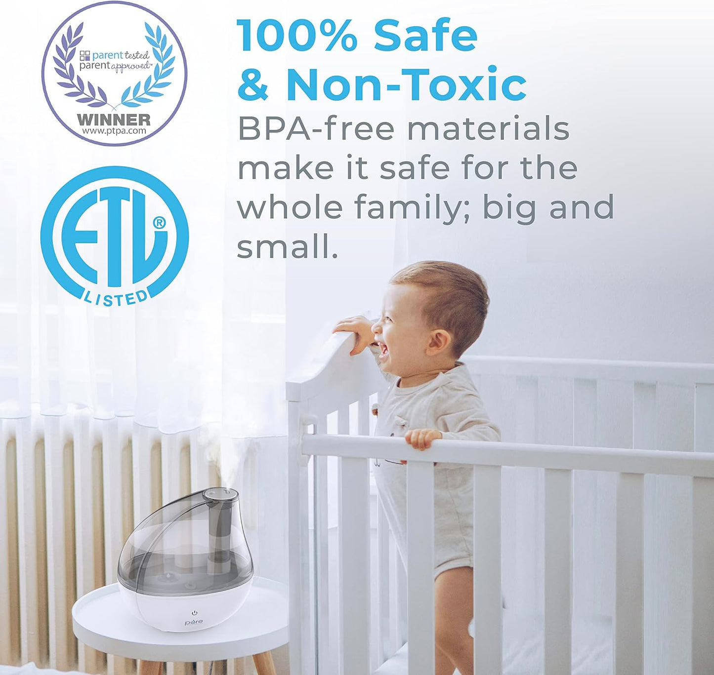 Pure Enrichment MistAire Silver Ultrasonic Cool Mist Humidifier for Bedroom, Office, Nursery & Indoor Plants - Lasts Up to 25 Hours, Whisper-Quiet Operation, Optional Night Light, & Auto Shut-Off