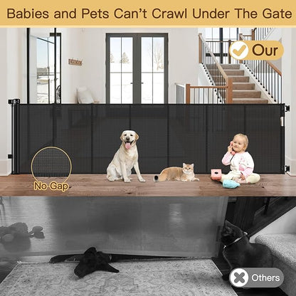 Reinforced Bottom 100 Inch Retractable Baby Gates Extra Wide Baby Gate for Large Openings, 8 ft Super Long Child Gates for Large Openings, Mesh Retractable Dog Gate for Doorways Extra Wide, Black