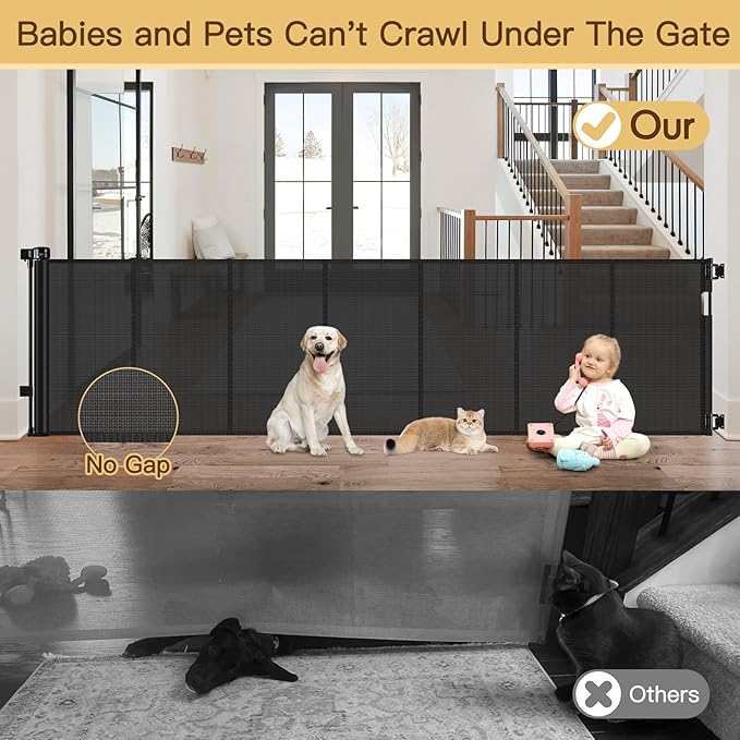 Reinforced 120 Inch Retractable Baby Gates Extra Wide Baby Gate to Prevent Crawling Through, Indoor/Outdoor Retractable Dog Gate, 10ft Scratch-resistant Mesh Child Gates for Doorways Extra Wide, Black