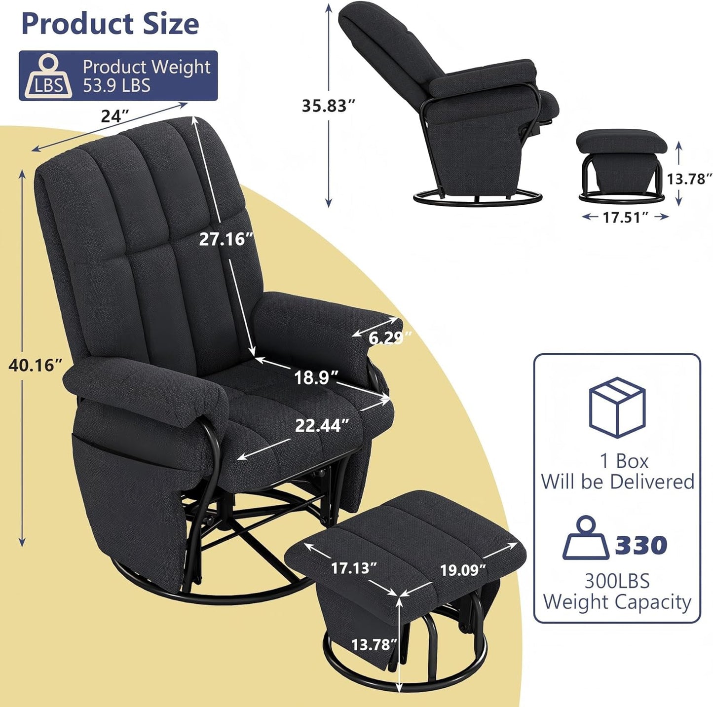 AODAILIHB 360° Swivel Glider Recliner with Ottoman, Nursing Glider Rocking Chair with Foot Rest & 2 Side Pockets for Nursery, Living Room, Bedroom, Office, White