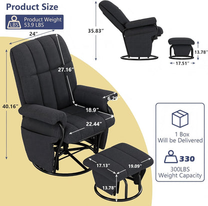 AODAILIHB 360° Swivel Glider Recliner with Ottoman, Nursing Glider Rocking Chair with Foot Rest & 2 Side Pockets for Nursery, Living Room, Bedroom, Office, White