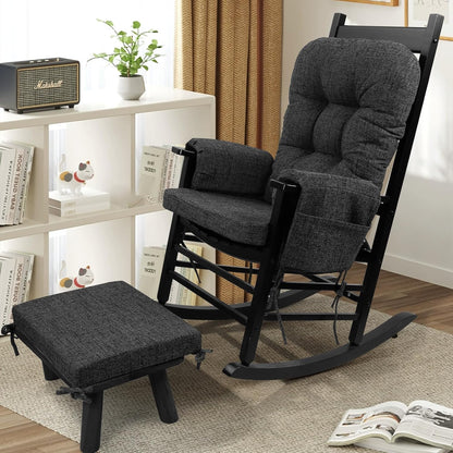 SINOSSO Glider Rocker Cushion Set (5 Pcs), Soft Blended Fabric High-Density Support Foam Seat Cushions with Ties, Fits Rocking Chair/Nursery Glider & Ottoman, Black-Gray