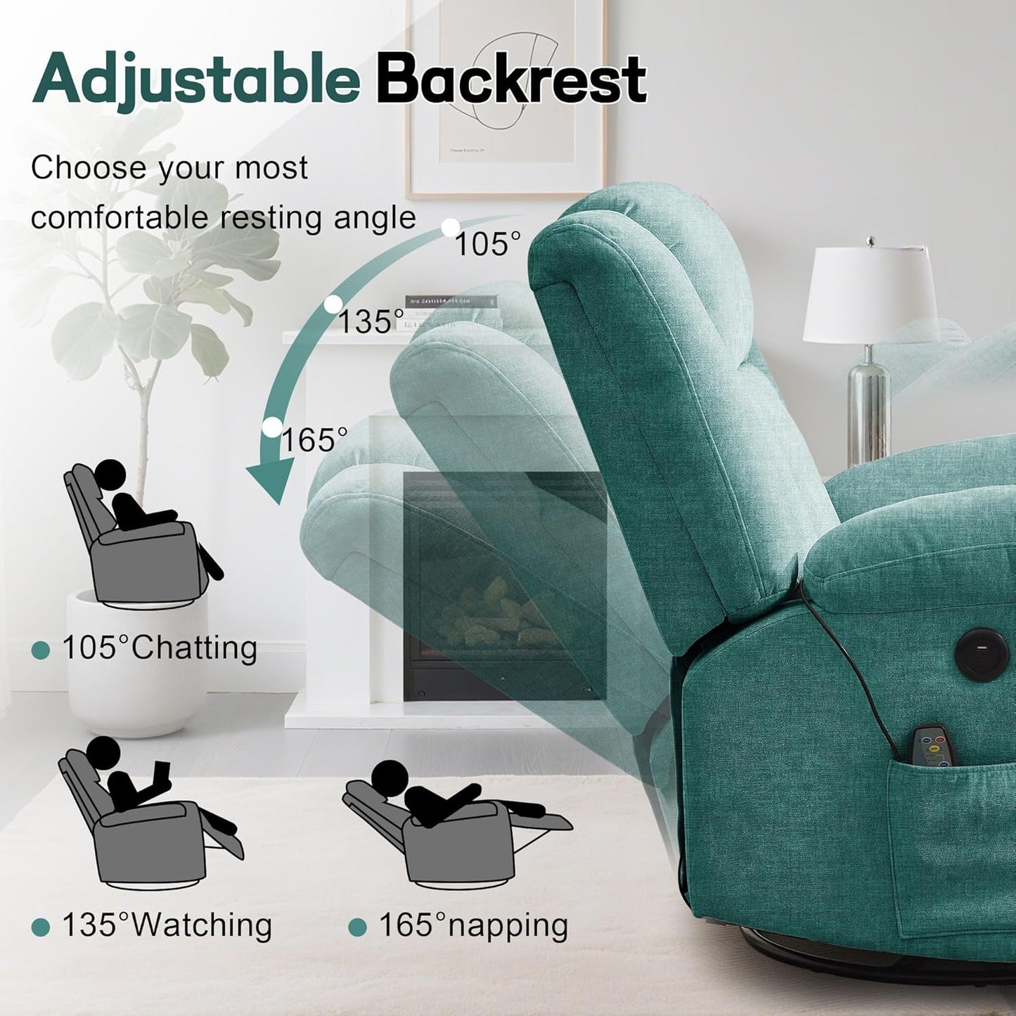Korser Rocker Recliner, Glider Recliner Chairs for Adults, 360° Swivel Rocking Chair with Massage and Heating, Nursery Chair with Storage and USB Charging for Living Room, Bedroom, Nursery