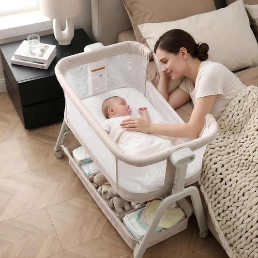 Bedside Bassinet for Baby – Adjustable Height Bedside Sleeper with Full Mesh Sides | 2 Breathable Sheets & Storage Basket | Portable Baby Bassinet for Newborns with Wheels & Bed Attachment