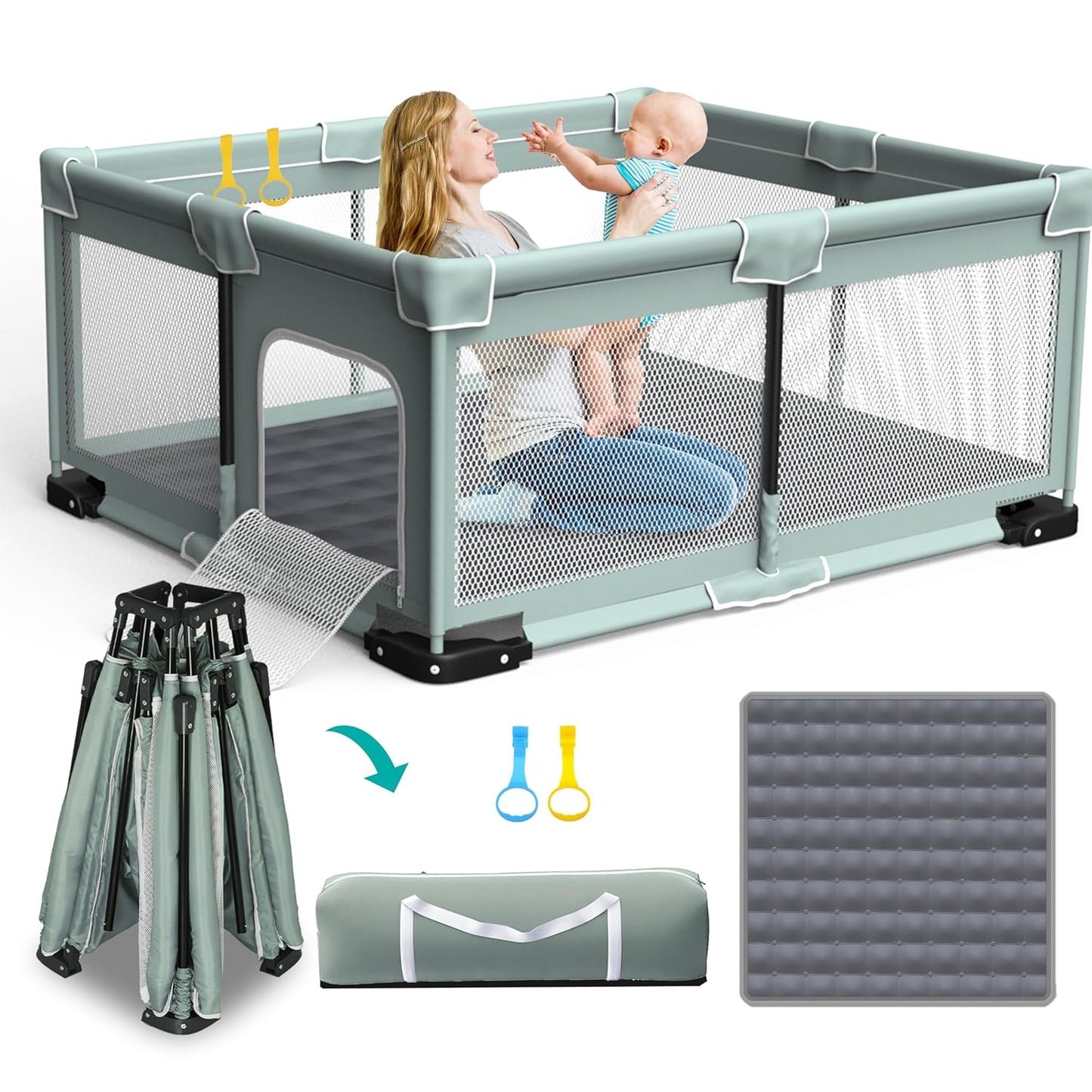 ICAREWAY Foldable Playpen for Babies and Toddlers, 50x50 Inches Portable Playpen, Kids Collapsible Play Pen with 2 Handlers, Indoor & Outdoor Baby Fence Play Area with Visible Mesh, Dark Gray