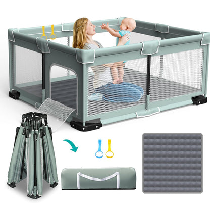 ICAREWAY Foldable Playpen for Babies and Toddlers, 50x50 Inches Portable Playpen, Kids Collapsible Play Pen with 2 Handlers, Indoor & Outdoor Baby Fence Play Area with Visible Mesh, Dark Gray