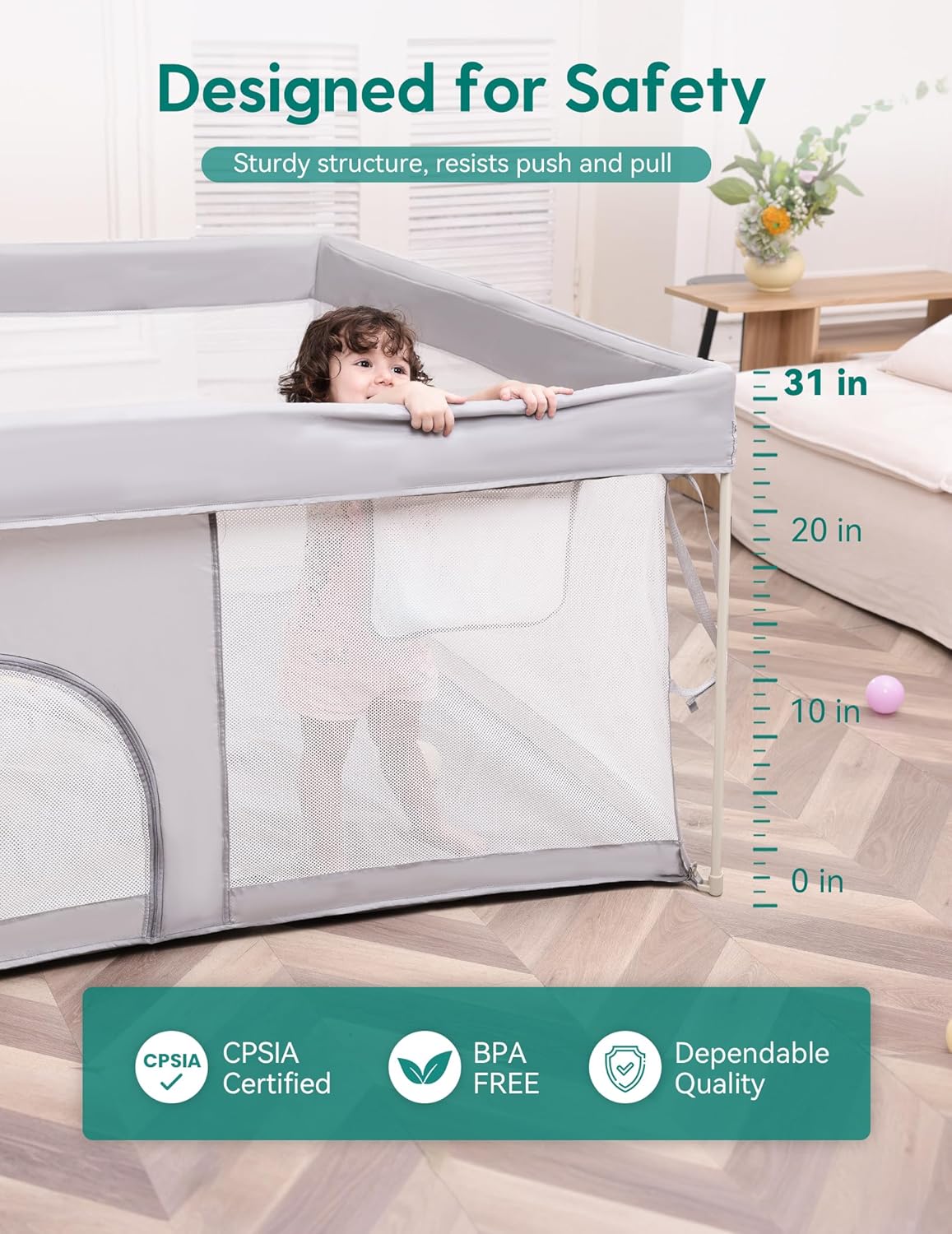 Babelio Foldable Baby Playpen 46" × 46", Portable Playard for Babies and Toddlers, Parents' Picks Awards Winner, No Assembly Required, Indoor & Outdoor Kids Safety Play Pen Area, Travel Fence, Grey