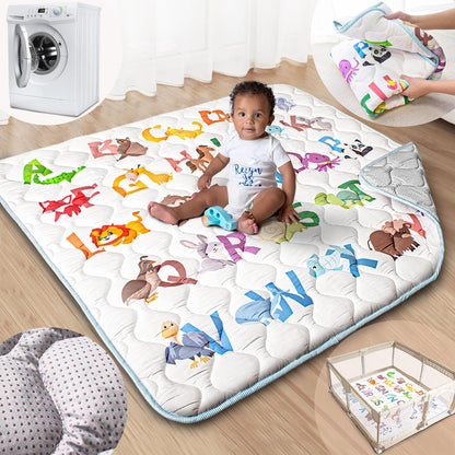 Baby Play Mat, 50x50 Playpen Mat with Super Soft Touch, Activity Mats with Upgraded Anti-Slip Bottom, Machine Washable Crawling Mats for Floor & Picnic (Animal Alphabets)