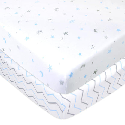 American Baby Company 2 Pack 100% Natural Cotton Fitted Pack and Play Sheets 39" x 27" - Soft & Breathable Pack N Play Sheets for Playard & Mini Crib Mattress, Pink Stars/Zigzag, for Boys & Girls