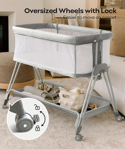 Fodoss Baby Bassinets Bedside Sleeper - 3-in-1 Baby Bassinet with Wheels, Soft Mattress, Storage Tray, Full-Mesh Sides, 7-Height Adjustable Crib for Newborns