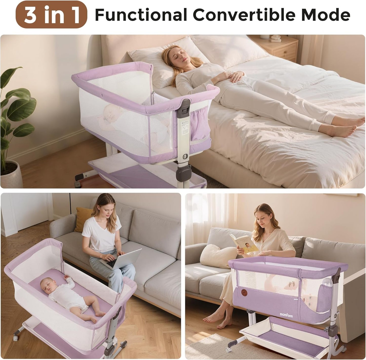 Baby Bassinet, Bedside Sleeper for Newborns Convertible Co-Sleeper Crib with Breathable Mesh, 6-Level Height Adjustment, Built-In Storage, Foldable Portable Bassinet for Home or Travel, Pink & Purple