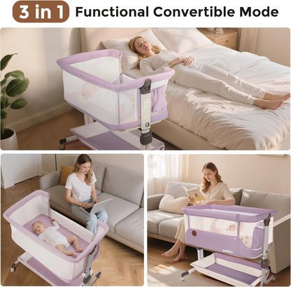 Baby Bassinet, Bedside Sleeper for Newborns Convertible Co-Sleeper Crib with Breathable Mesh, 6-Level Height Adjustment, Built-In Storage, Foldable Portable Bassinet for Home or Travel, Pink & Purple